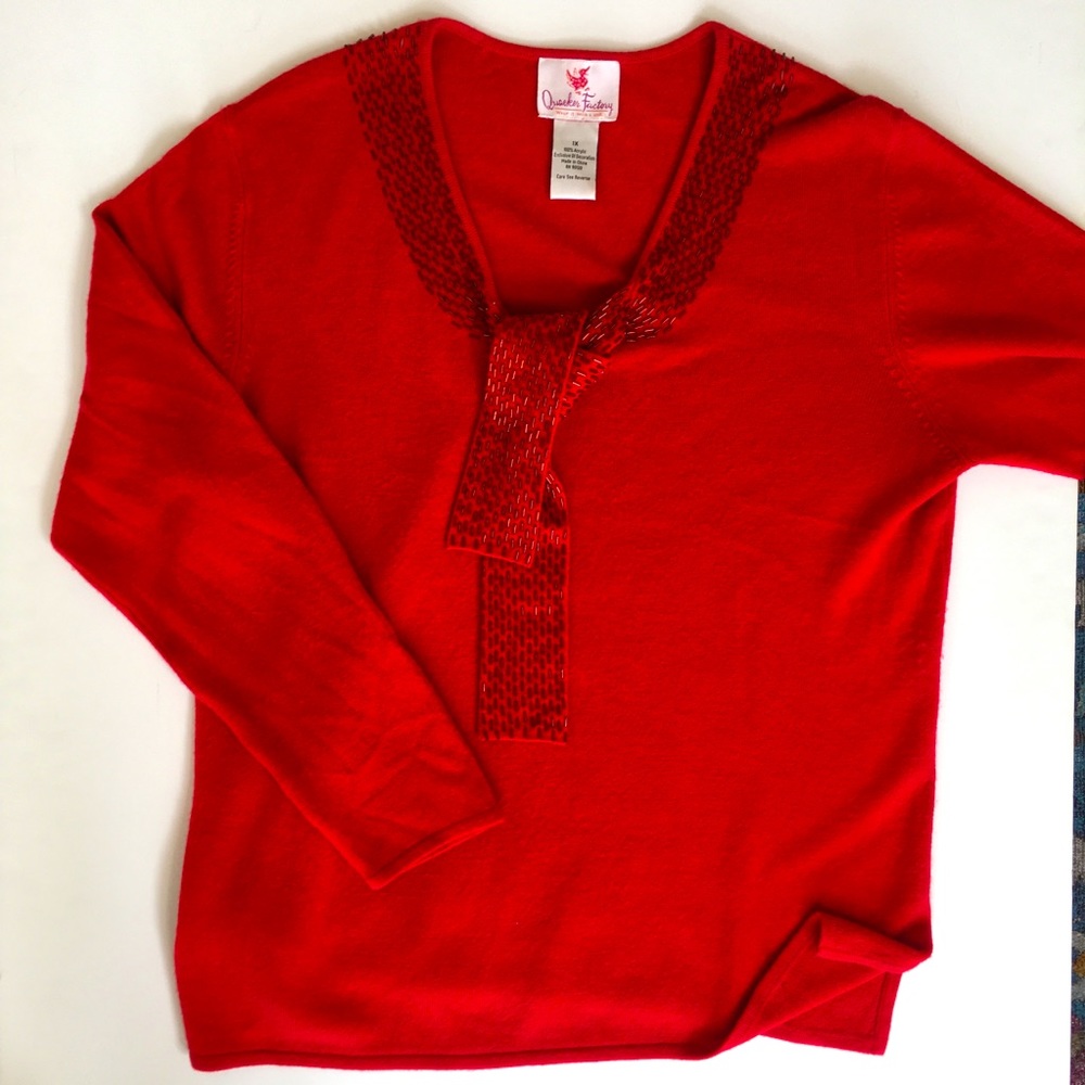 Red Beaded Long Sleeve Sweater 1X Soft Acrylic by Quaker Factory Holiday ready